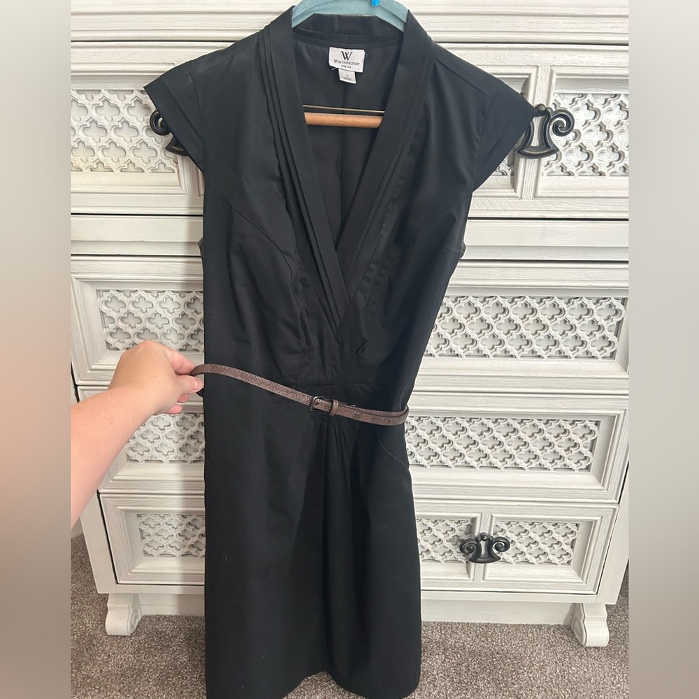 Black dress with brown belt